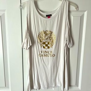 Vince Camuto cutout shoulder white shirt with branding name
